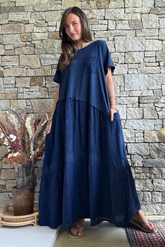 Tasha Damask T Shirt Maxi Dress Navy